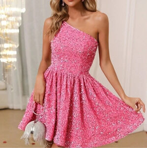 Pink Boho Womens One Shoulder Sequin Dress
